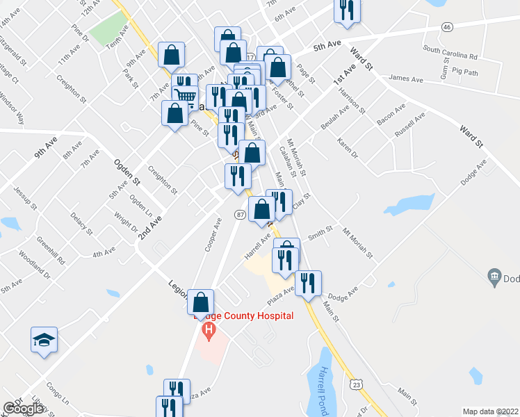 map of restaurants, bars, coffee shops, grocery stores, and more near 685 Oak Street in Eastman