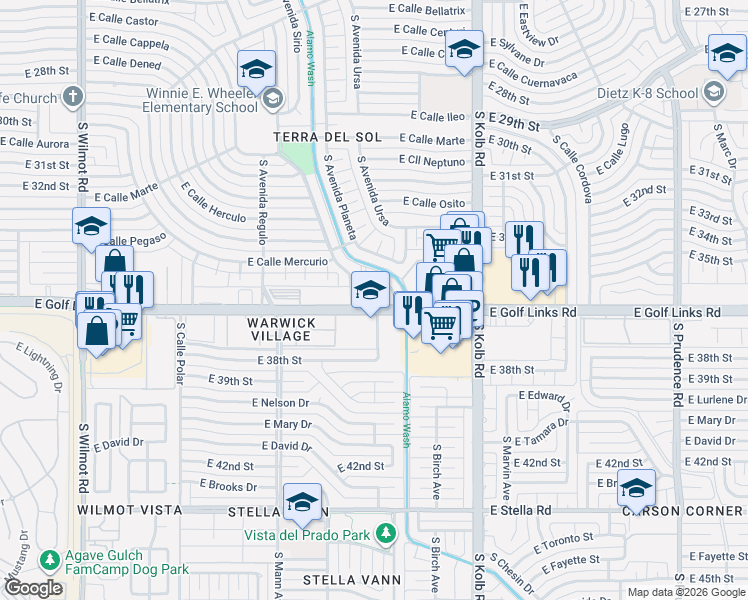 map of restaurants, bars, coffee shops, grocery stores, and more near 6921 East Golf Links Road in Tucson