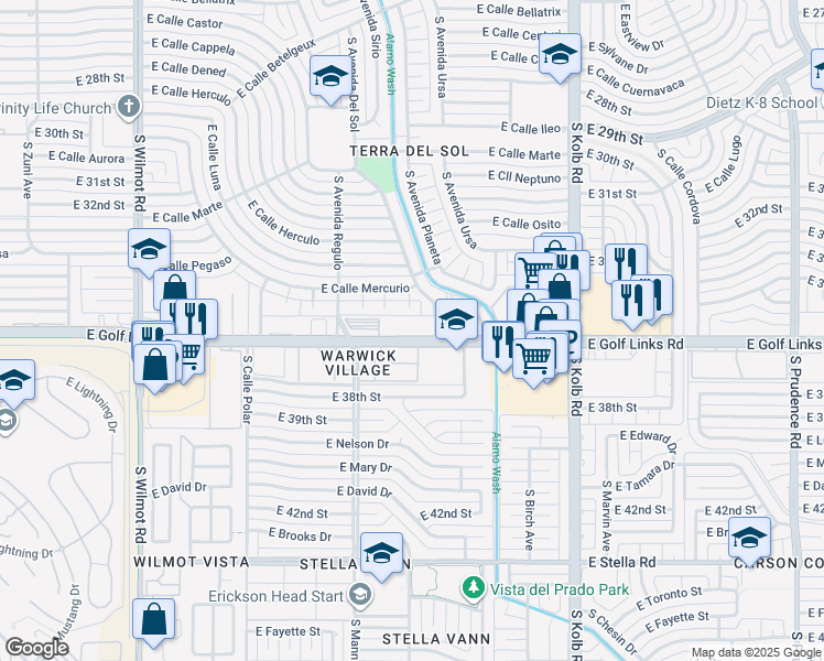 map of restaurants, bars, coffee shops, grocery stores, and more near 6776 East Calle Mercurio in Tucson