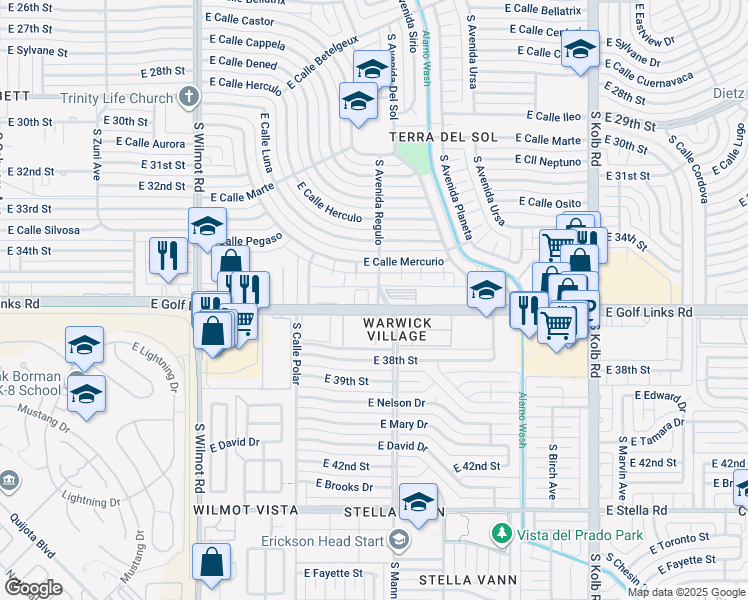 map of restaurants, bars, coffee shops, grocery stores, and more near 2507 South Avenida Regulo in Tucson