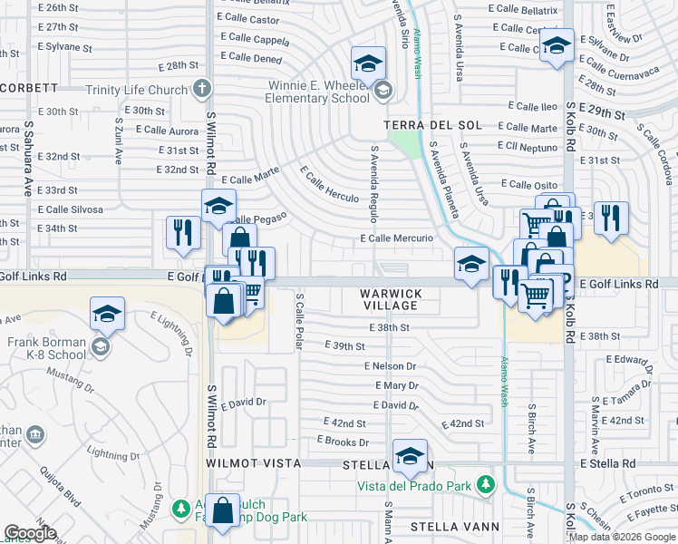 map of restaurants, bars, coffee shops, grocery stores, and more near 6606 East Calle Mercurio in Tucson
