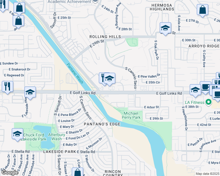 map of restaurants, bars, coffee shops, grocery stores, and more near 8677 East Golf Links Road in Tucson