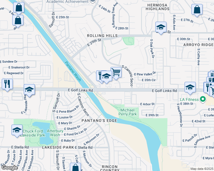 map of restaurants, bars, coffee shops, grocery stores, and more near 8677 East Golf Links Road in Tucson