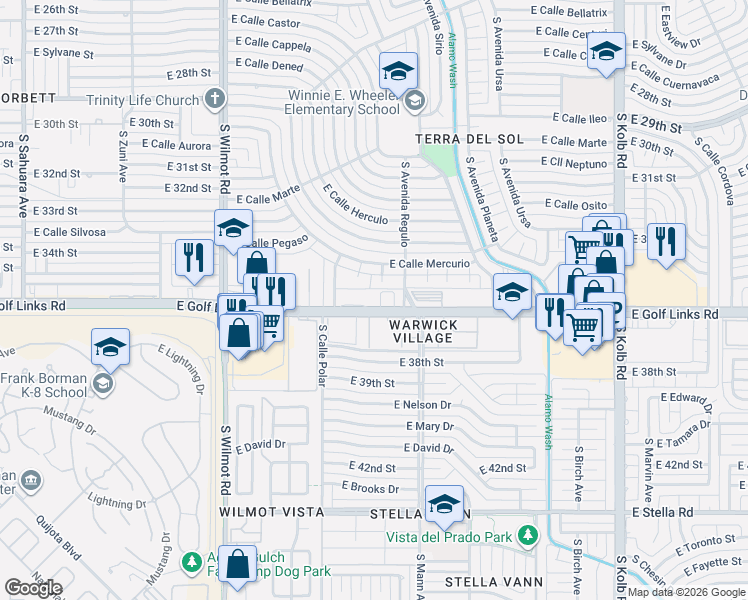 map of restaurants, bars, coffee shops, grocery stores, and more near 6606 East Calle Mercurio in Tucson