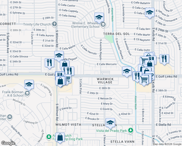 map of restaurants, bars, coffee shops, grocery stores, and more near 6606 East Calle Mercurio in Tucson
