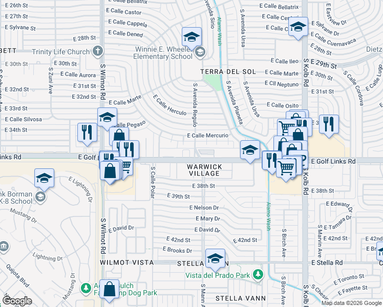 map of restaurants, bars, coffee shops, grocery stores, and more near 6635 East Golf Links Road in Tucson