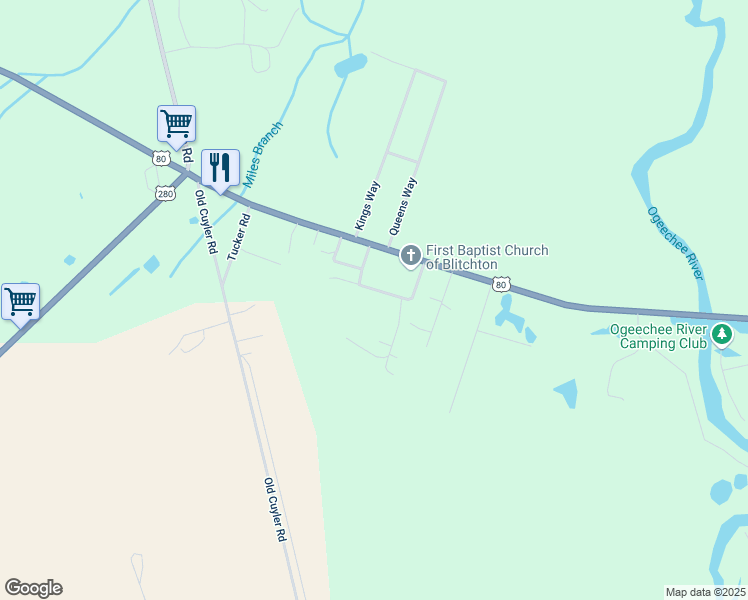 map of restaurants, bars, coffee shops, grocery stores, and more near 120 Power Circle Road in Ellabell