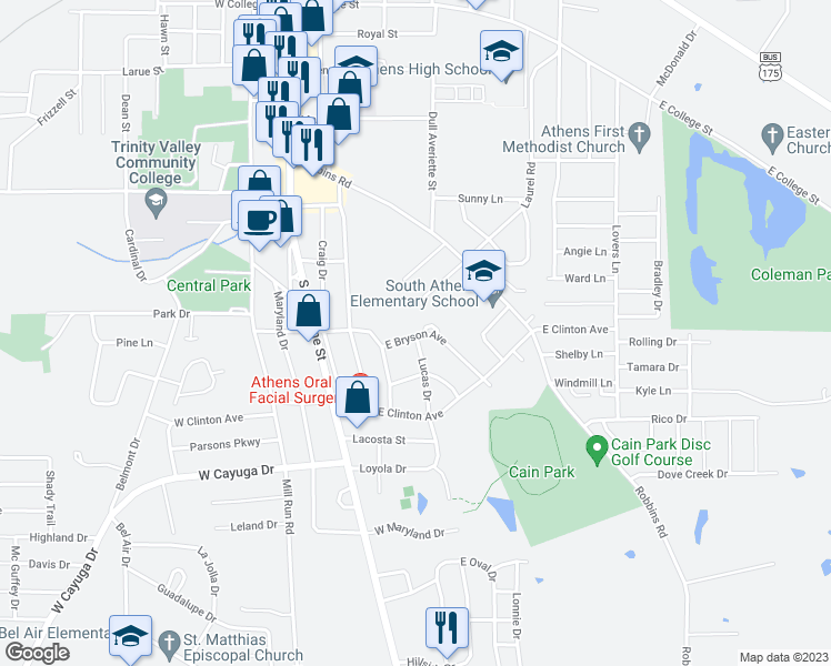 map of restaurants, bars, coffee shops, grocery stores, and more near 511 East Bryson Avenue in Athens