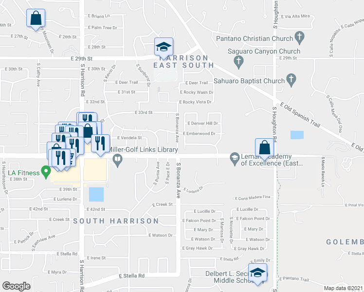 map of restaurants, bars, coffee shops, grocery stores, and more near 2492 South Adventure Trail in Tucson