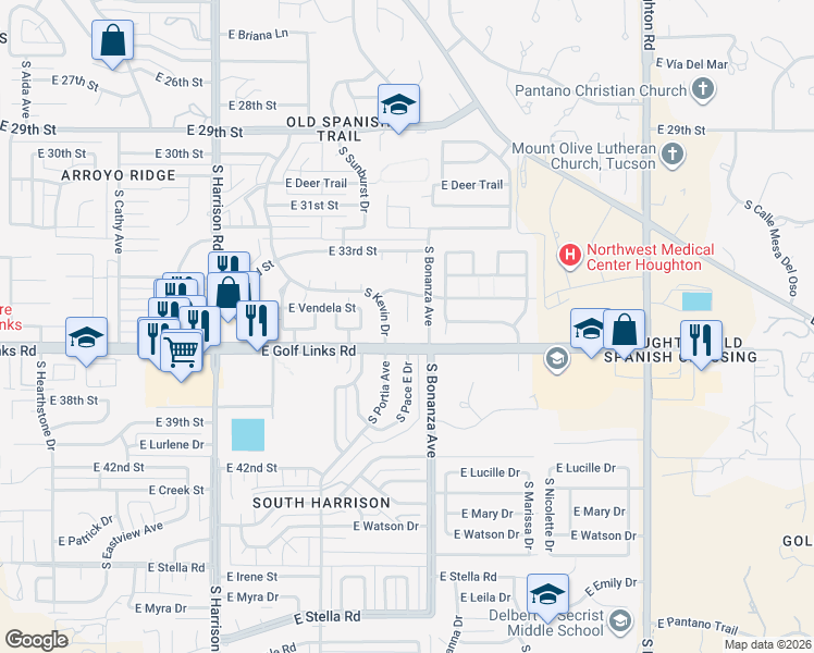 map of restaurants, bars, coffee shops, grocery stores, and more near 2520 South Marianne Place in Tucson