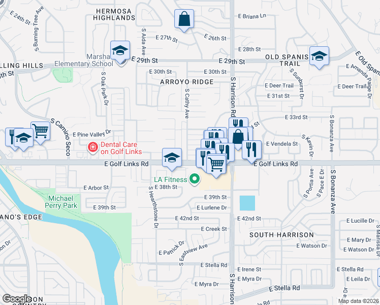 map of restaurants, bars, coffee shops, grocery stores, and more near 9309 East Betsey Place in Tucson