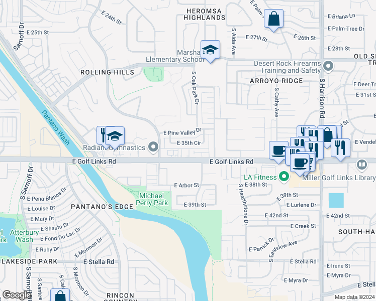 map of restaurants, bars, coffee shops, grocery stores, and more near 8964 East 35th Circle in Tucson