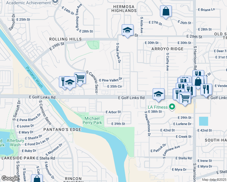 map of restaurants, bars, coffee shops, grocery stores, and more near 8964 East 35th Circle in Tucson