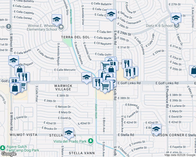 map of restaurants, bars, coffee shops, grocery stores, and more near 6979 East Golf Links Circle in Tucson