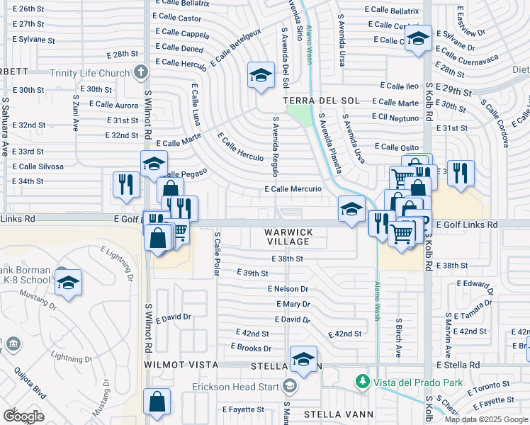 map of restaurants, bars, coffee shops, grocery stores, and more near 6606 East Calle Mercurio in Tucson