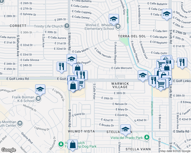map of restaurants, bars, coffee shops, grocery stores, and more near 2153 South Calle Polar in Tucson
