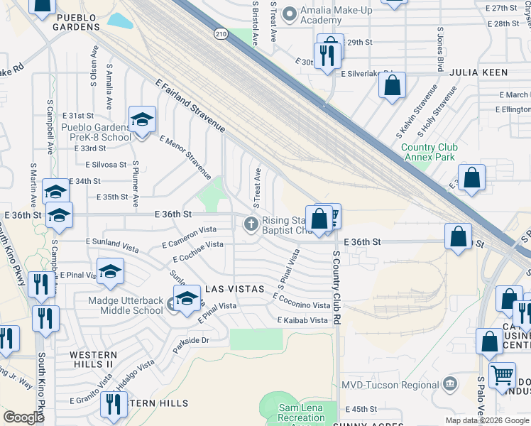 map of restaurants, bars, coffee shops, grocery stores, and more near 2541 South Treat Avenue in Tucson