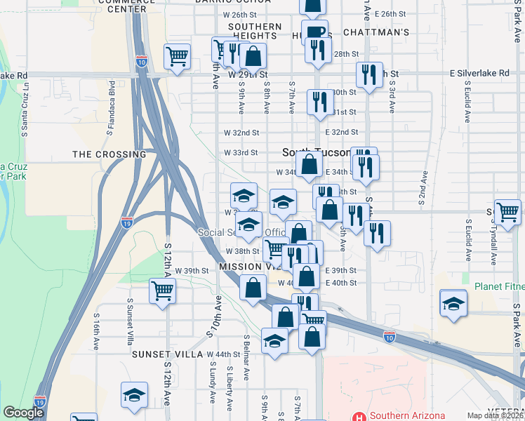 map of restaurants, bars, coffee shops, grocery stores, and more near 2520 South 8th Avenue in Tucson