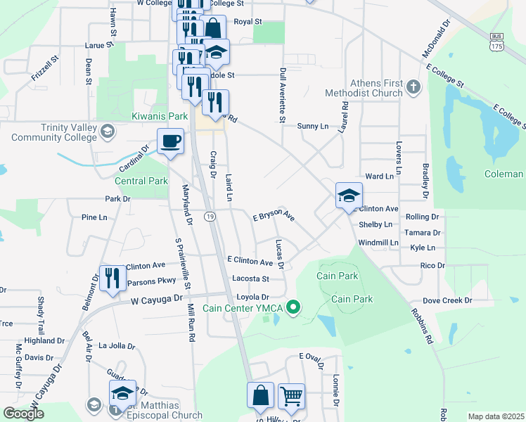 map of restaurants, bars, coffee shops, grocery stores, and more near 505 East Bryson Avenue in Athens
