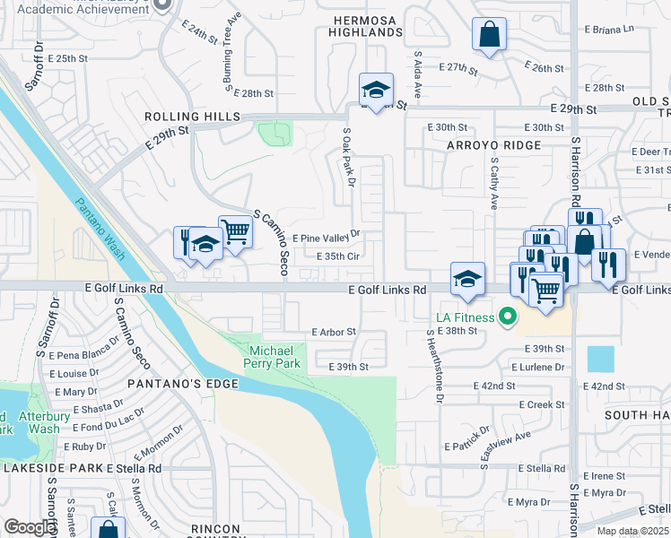 map of restaurants, bars, coffee shops, grocery stores, and more near 8964 East 35th Circle in Tucson