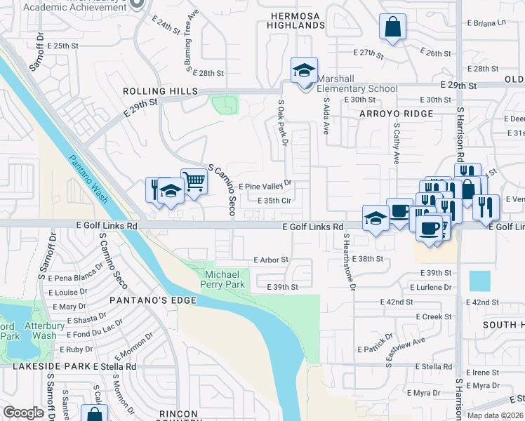 map of restaurants, bars, coffee shops, grocery stores, and more near 8955 East Golf Links Road in Tucson