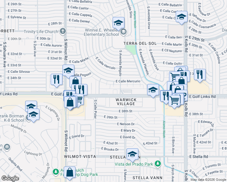 map of restaurants, bars, coffee shops, grocery stores, and more near 6606 East Calle Mercurio in Tucson