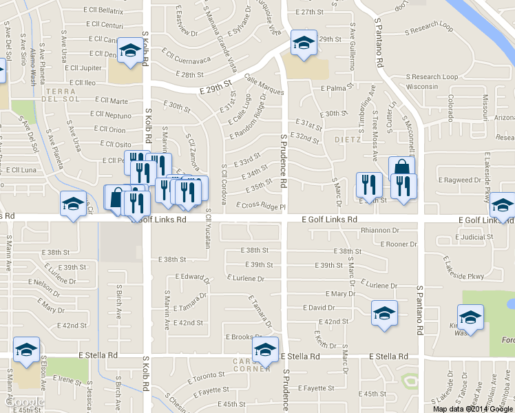 map of restaurants, bars, coffee shops, grocery stores, and more near 7424 East Cross Ridge Place in Tucson