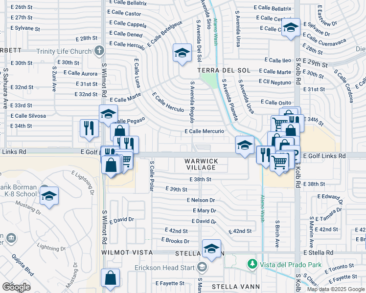 map of restaurants, bars, coffee shops, grocery stores, and more near 6606 East Calle Mercurio in Tucson