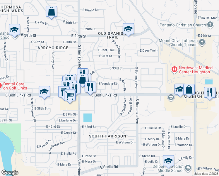 map of restaurants, bars, coffee shops, grocery stores, and more near 2528 South Krissy Avenue in Tucson