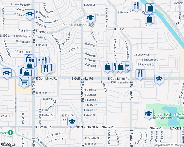map of restaurants, bars, coffee shops, grocery stores, and more near 7557 East Golf Links Road in Tucson