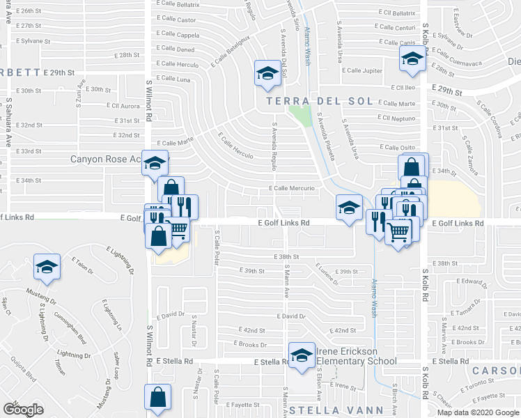 map of restaurants, bars, coffee shops, grocery stores, and more near 6606 East Calle Mercurio in Tucson