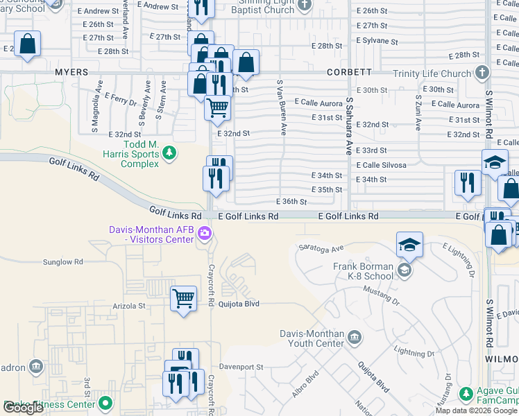 map of restaurants, bars, coffee shops, grocery stores, and more near 5631 East 36th Street in Tucson