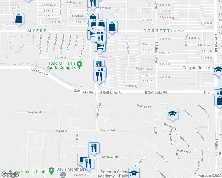 map of restaurants, bars, coffee shops, grocery stores, and more near 5631 East 36th Street in Tucson