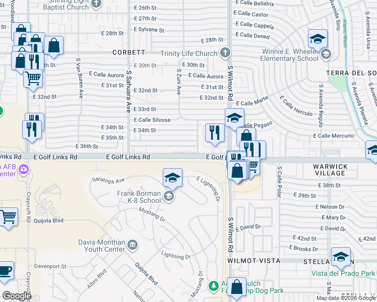 map of restaurants, bars, coffee shops, grocery stores, and more near 6111 East Golf Links Road in Tucson
