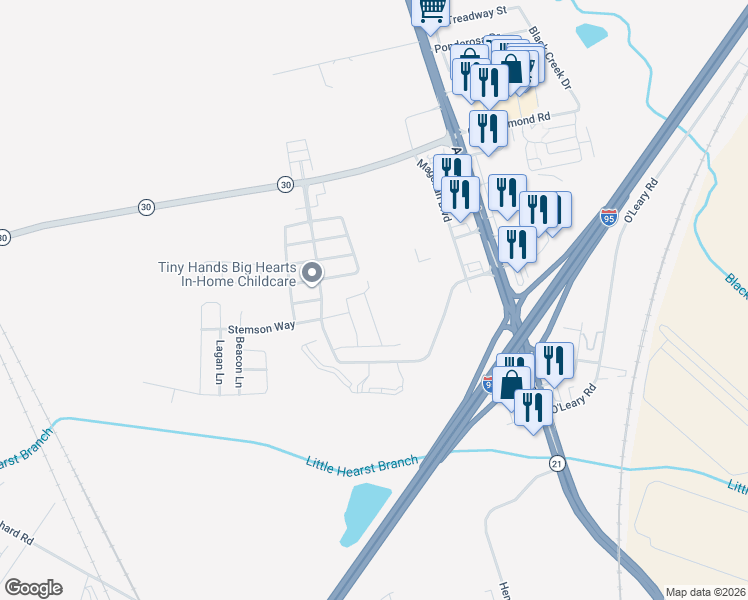 map of restaurants, bars, coffee shops, grocery stores, and more near 61 Bearing Circle in Port Wentworth