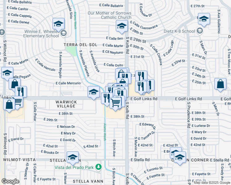 map of restaurants, bars, coffee shops, grocery stores, and more near 2572 South Kolb Road in Tucson