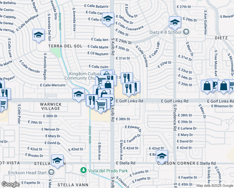 map of restaurants, bars, coffee shops, grocery stores, and more near 2572 South Kolb Road in Tucson