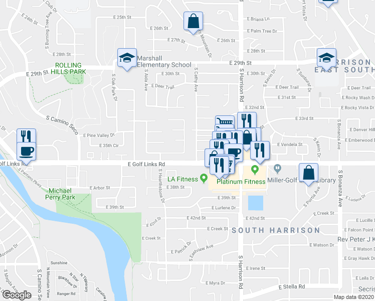 map of restaurants, bars, coffee shops, grocery stores, and more near 2517 S Avenida Arroyo Rincon in Tucson