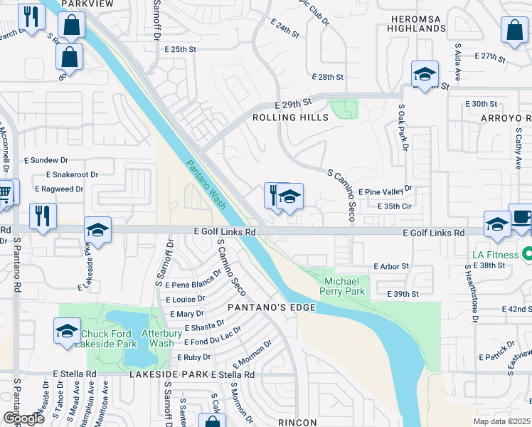 map of restaurants, bars, coffee shops, grocery stores, and more near 2501 South Pantano Parkway in Tucson