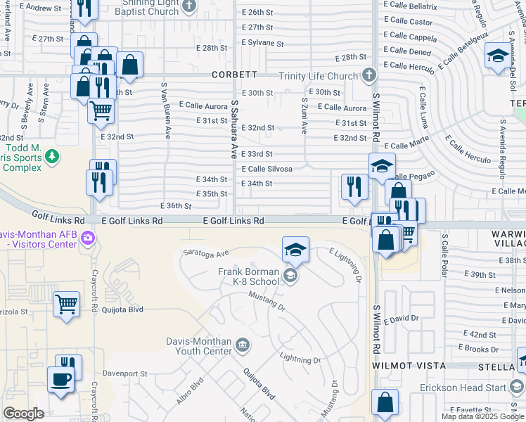 map of restaurants, bars, coffee shops, grocery stores, and more near 5950 East 35th Street in Tucson