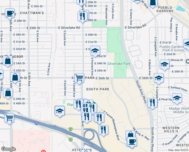 map of restaurants, bars, coffee shops, grocery stores, and more near 1132 East 35th Street in Tucson