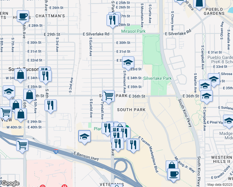 map of restaurants, bars, coffee shops, grocery stores, and more near 1032 East 35th Street in Tucson
