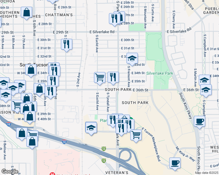 map of restaurants, bars, coffee shops, grocery stores, and more near 838 East 35th Street in Tucson