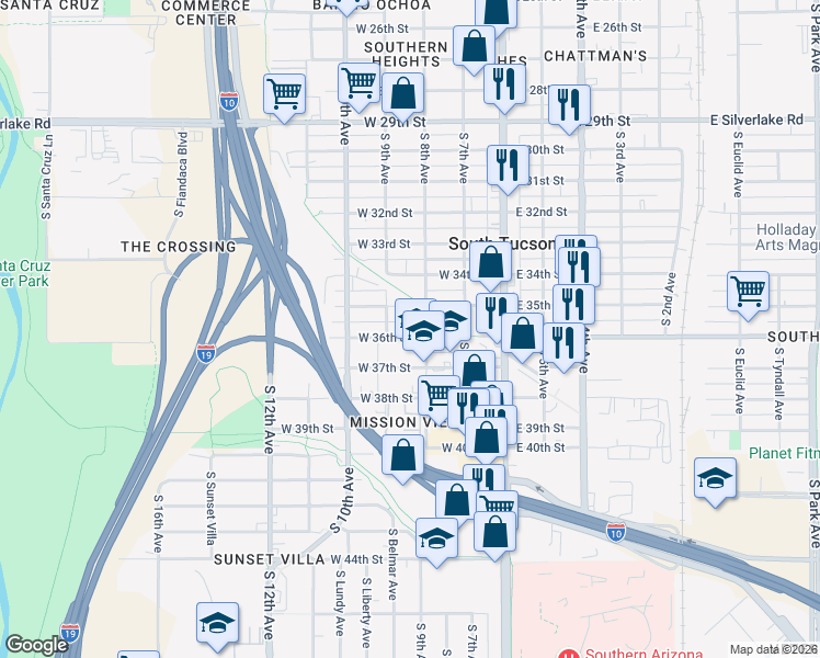 map of restaurants, bars, coffee shops, grocery stores, and more near 2520 South 8th Avenue in Tucson