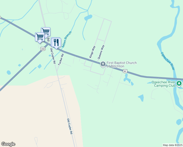map of restaurants, bars, coffee shops, grocery stores, and more near 120 Power Circle Road in Ellabell