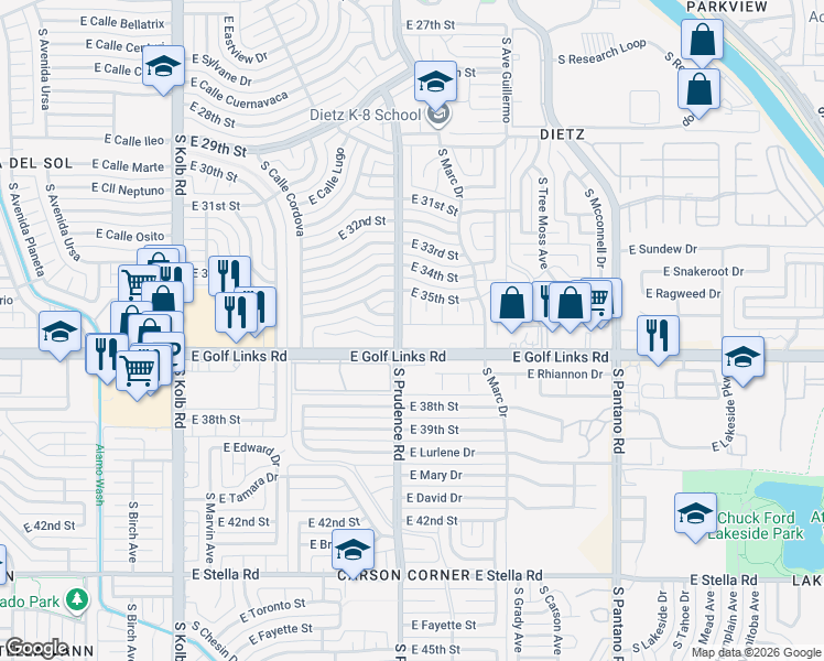 map of restaurants, bars, coffee shops, grocery stores, and more near 2425 South Prudence Road in Tucson