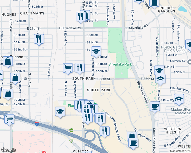 map of restaurants, bars, coffee shops, grocery stores, and more near 1132 East 35th Street in Tucson