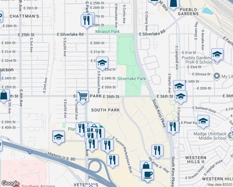 map of restaurants, bars, coffee shops, grocery stores, and more near 1225 East 36th Street in Tucson