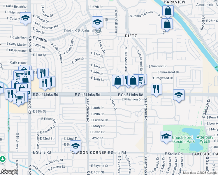 map of restaurants, bars, coffee shops, grocery stores, and more near 7680 East Placita Luna Preciosa in Tucson