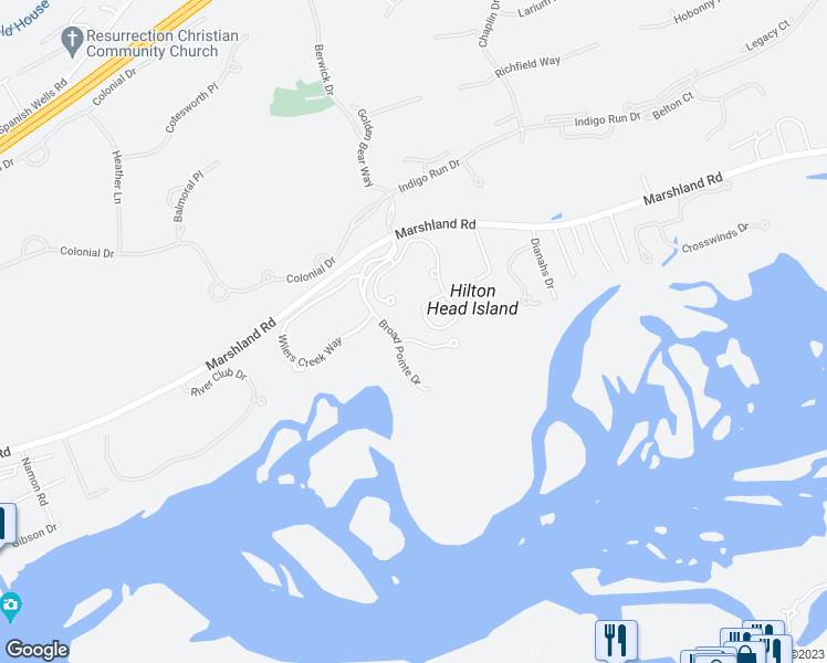 map of restaurants, bars, coffee shops, grocery stores, and more near 3 Hummock Place in Hilton Head Island